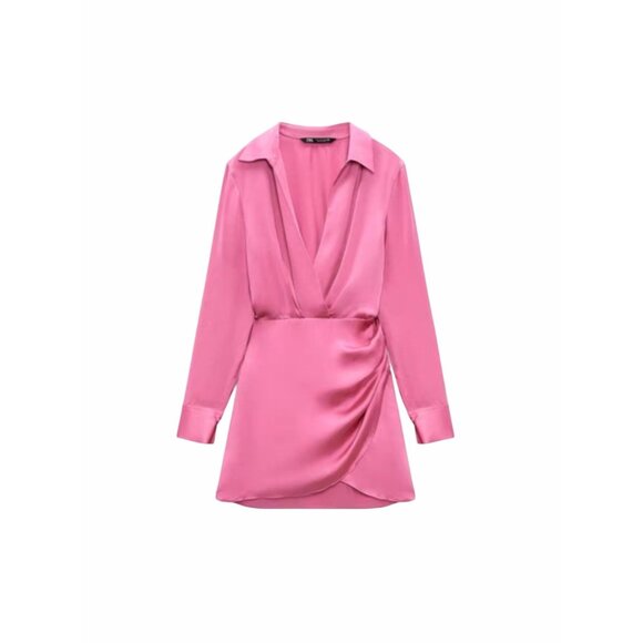 Zara Dresses & Skirts - Zara Pink Satin Wrap Mini Dress Sz S Long Sleeves Collared V-Neckline Feminine